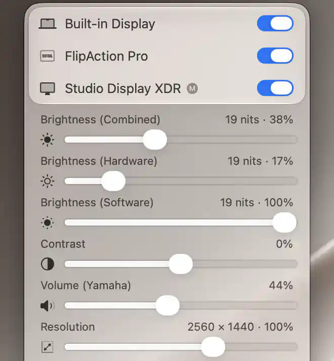 Combined brightness above separate hardware and software brightness sliders on Studio Display XDR
