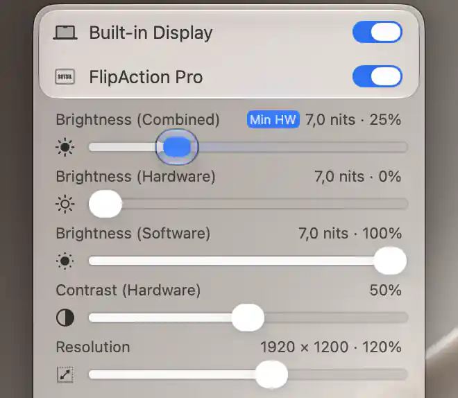 FlipAction Pro combined brightness at25% with Min HW marker, hardware brightness0% and software brightness100%