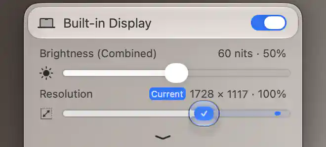 Current badge and checkmark on the engaged resolution slider at the unchanged 1728 by 1117 mode