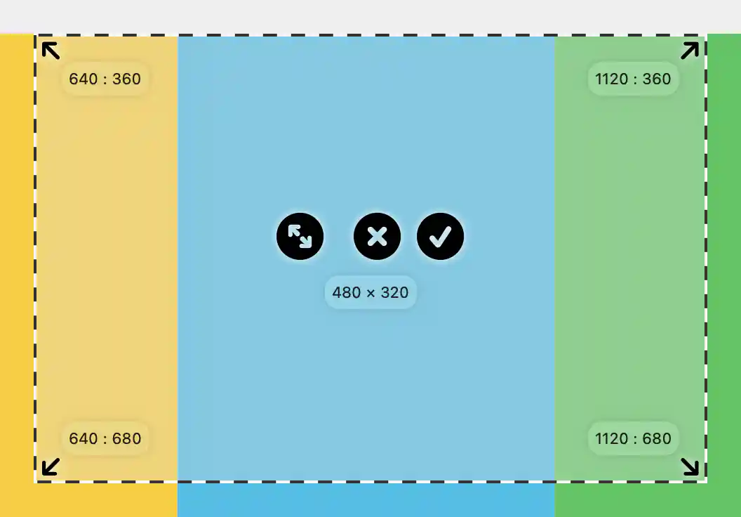 Native crop selector with a dashed border, four corner coordinates, dimensions, expand, cancel and accept buttons.