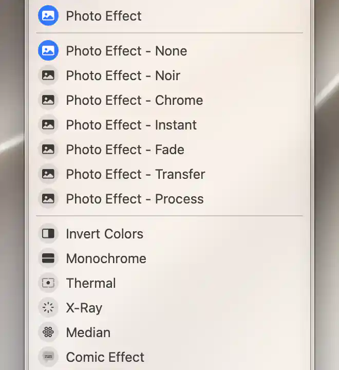 Expanded Photo Effect choices from None through Process, followed by six additional effect switches.
