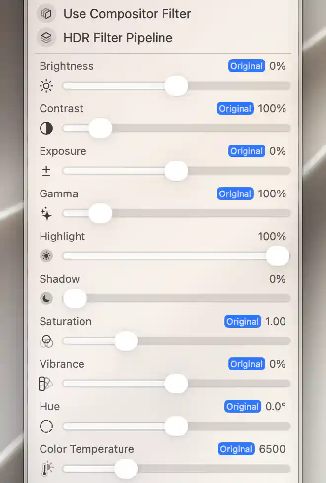 Video Filter Window color adjustments at neutral values, with Use Compositor Filter off and HDR Filter Pipeline available.