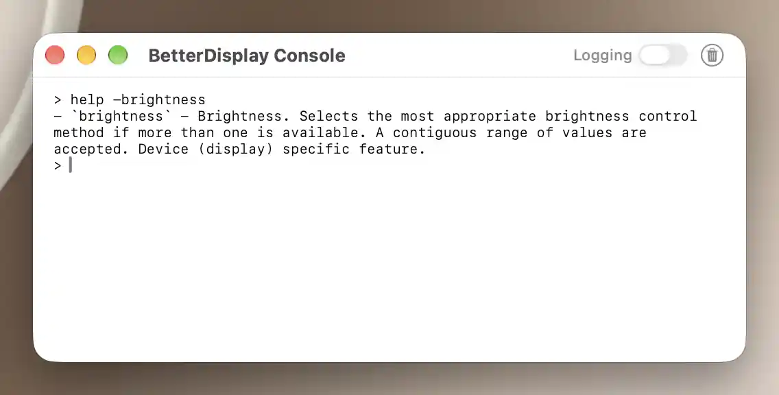 Console with logging disabled, brightness help output and the next command prompt