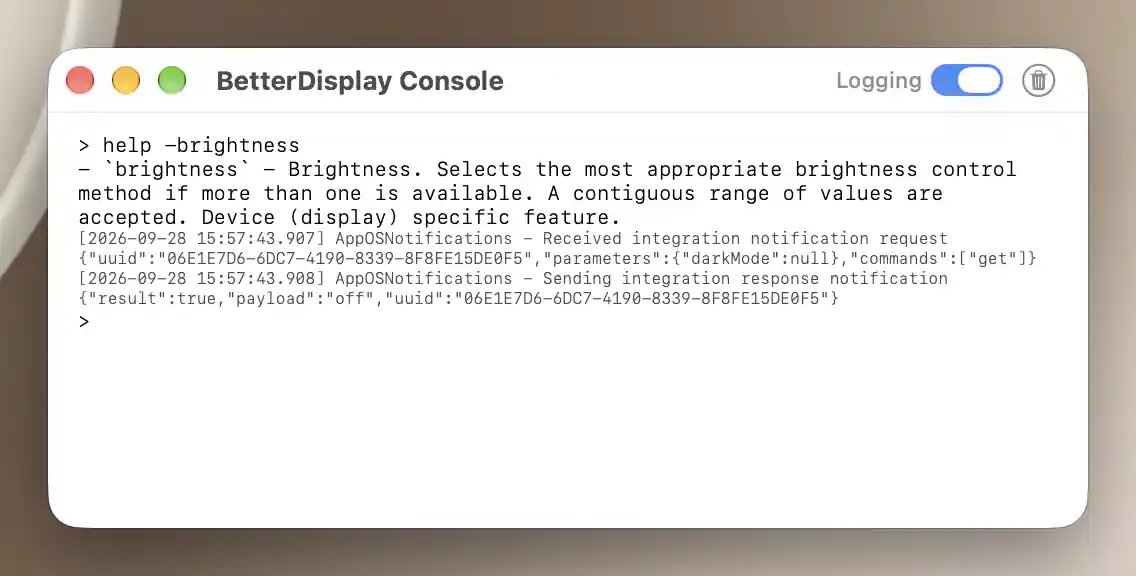Console showing brightness help and genuine diagnostic request and response lines with Logging enabled