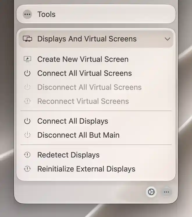 Tools with virtual-screen and physical-display actions, including disabled virtual reconnect actions