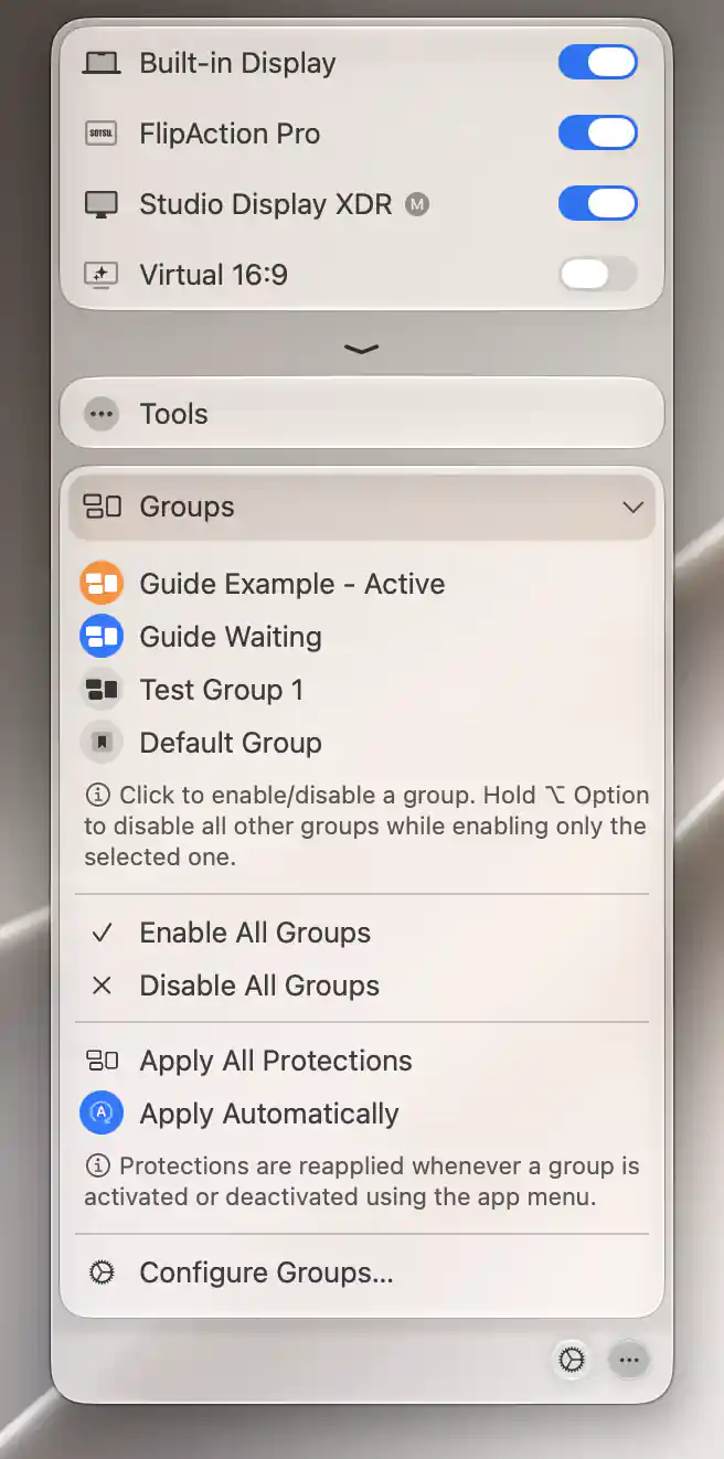 Attached Groups menu with active, enabled inactive and disabled groups, modifier note and layout-protection actions