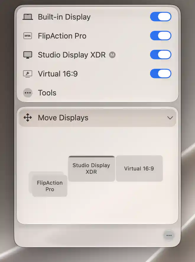 Move Displays canvas with Studio Display XDR, Virtual 16:9, and a FlipAction Pro mirrored stack