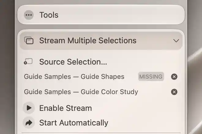 The source list marks Guide Shapes as MISSING while Guide Color Study remains available
