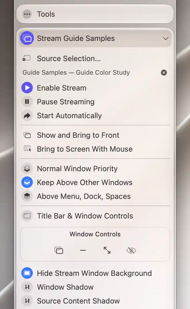 Selected-content stream with Title Bar and Window Shadow off, Hide Stream Window Background on, and Source Content Shadow available