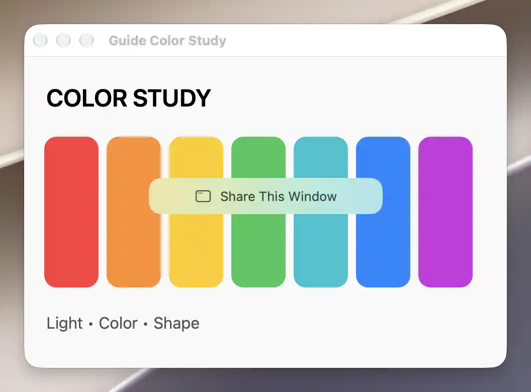 macOS Share This Window picker over a harmless color-study window