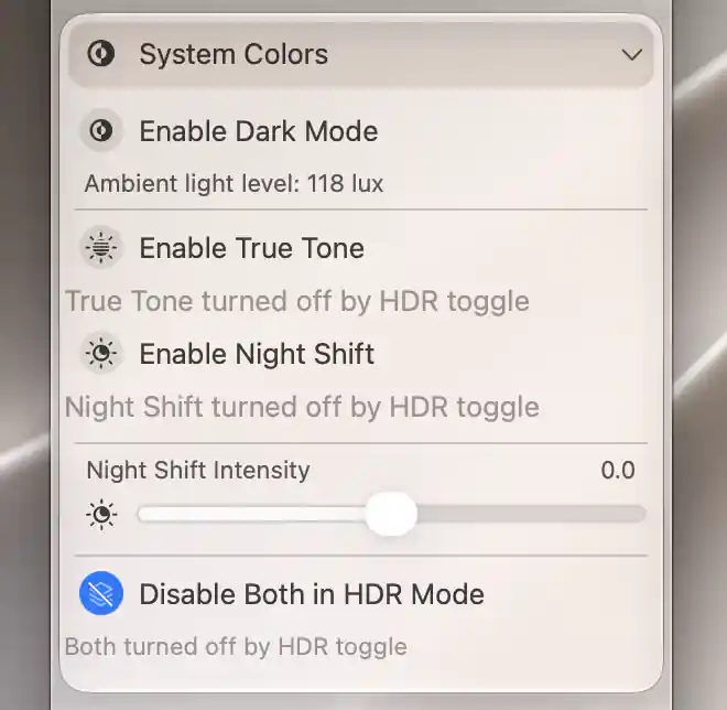True Tone and Night Shift turned off by the HDR toggle