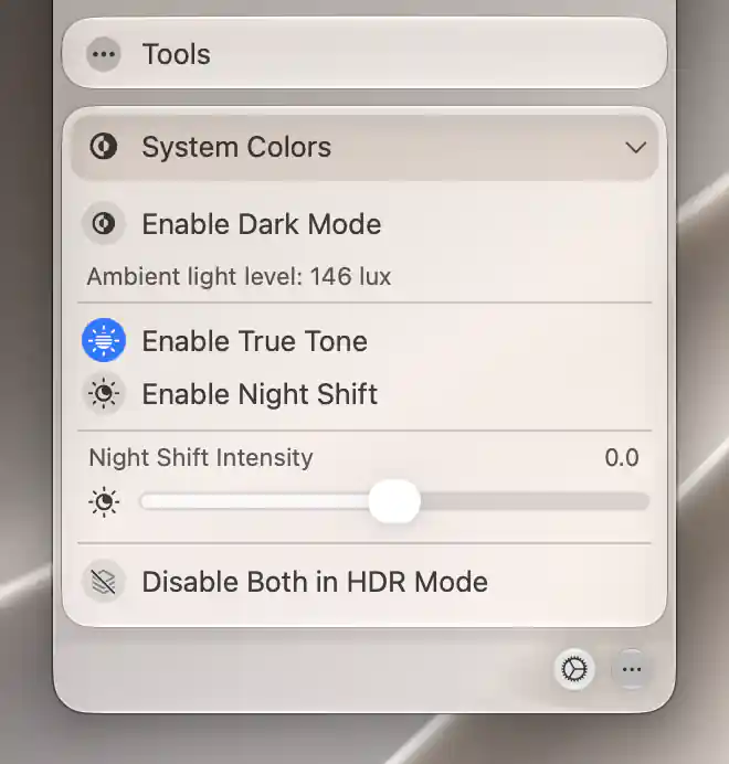 System Colors with ambient light level, True Tone, Night Shift Intensity and Disable Both in HDR Mode