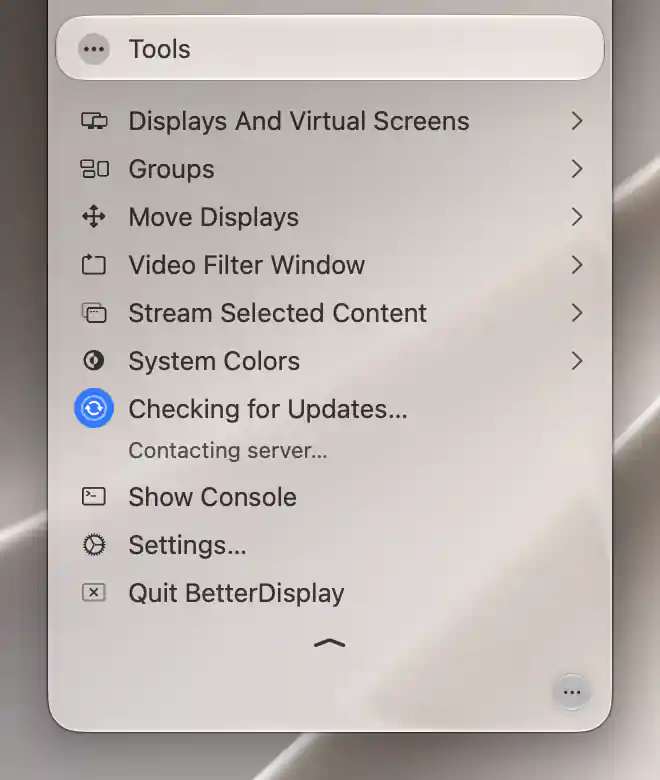 Tools showing Checking for Updates and Contacting server above Settings and Quit