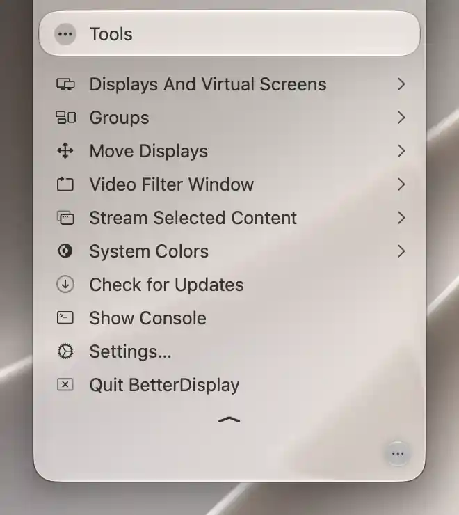 Tools menu with Check for Updates, Show Console, Settings and Quit BetterDisplay