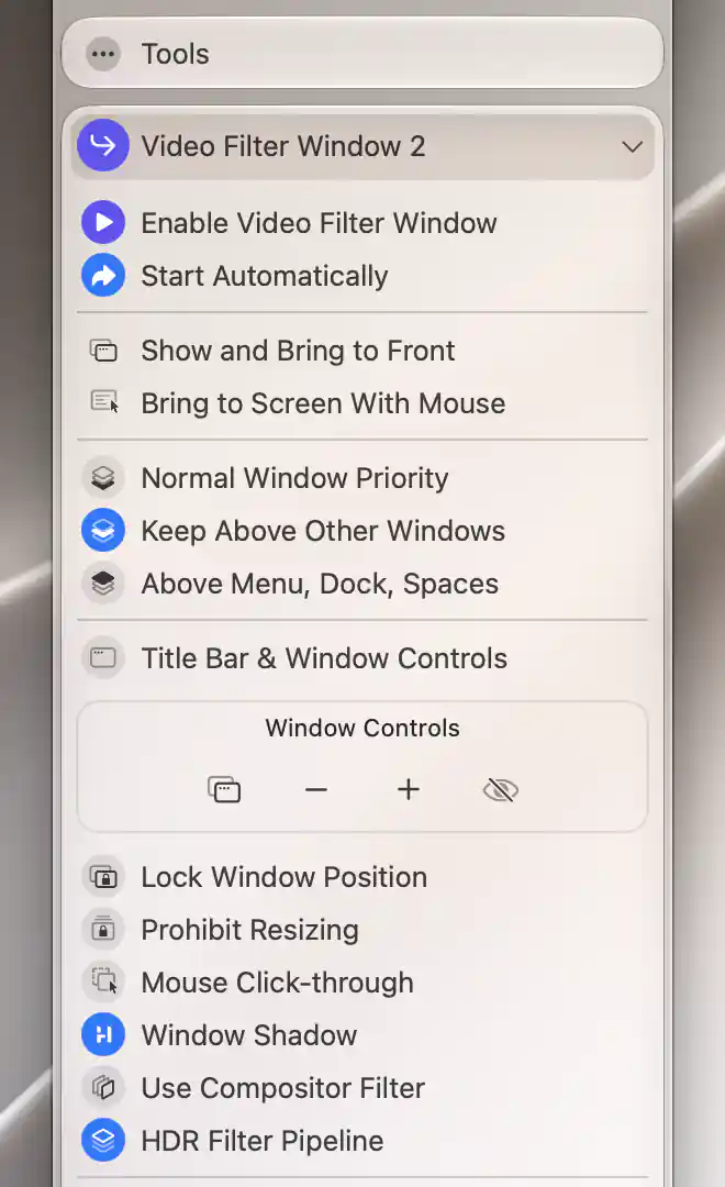 Title-bar-hidden filter window actions with Mouse Click-through and HDR Filter Pipeline enabled