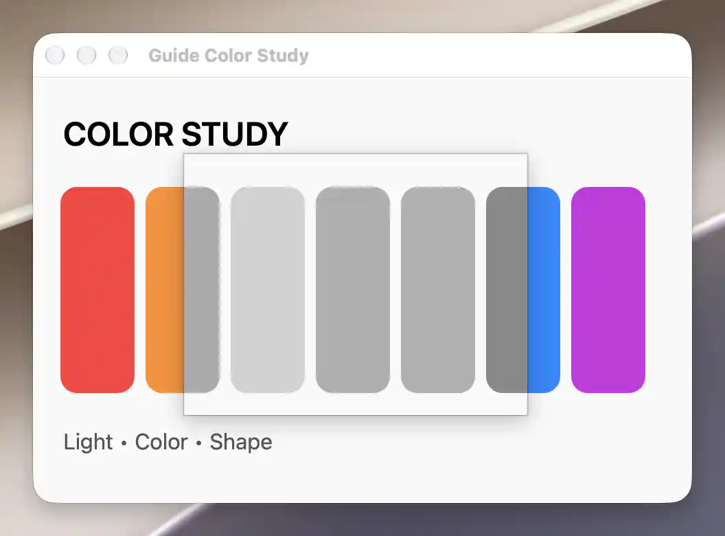 A title-bar-hidden Video Filter Window desaturating only the middle of a colorful source window