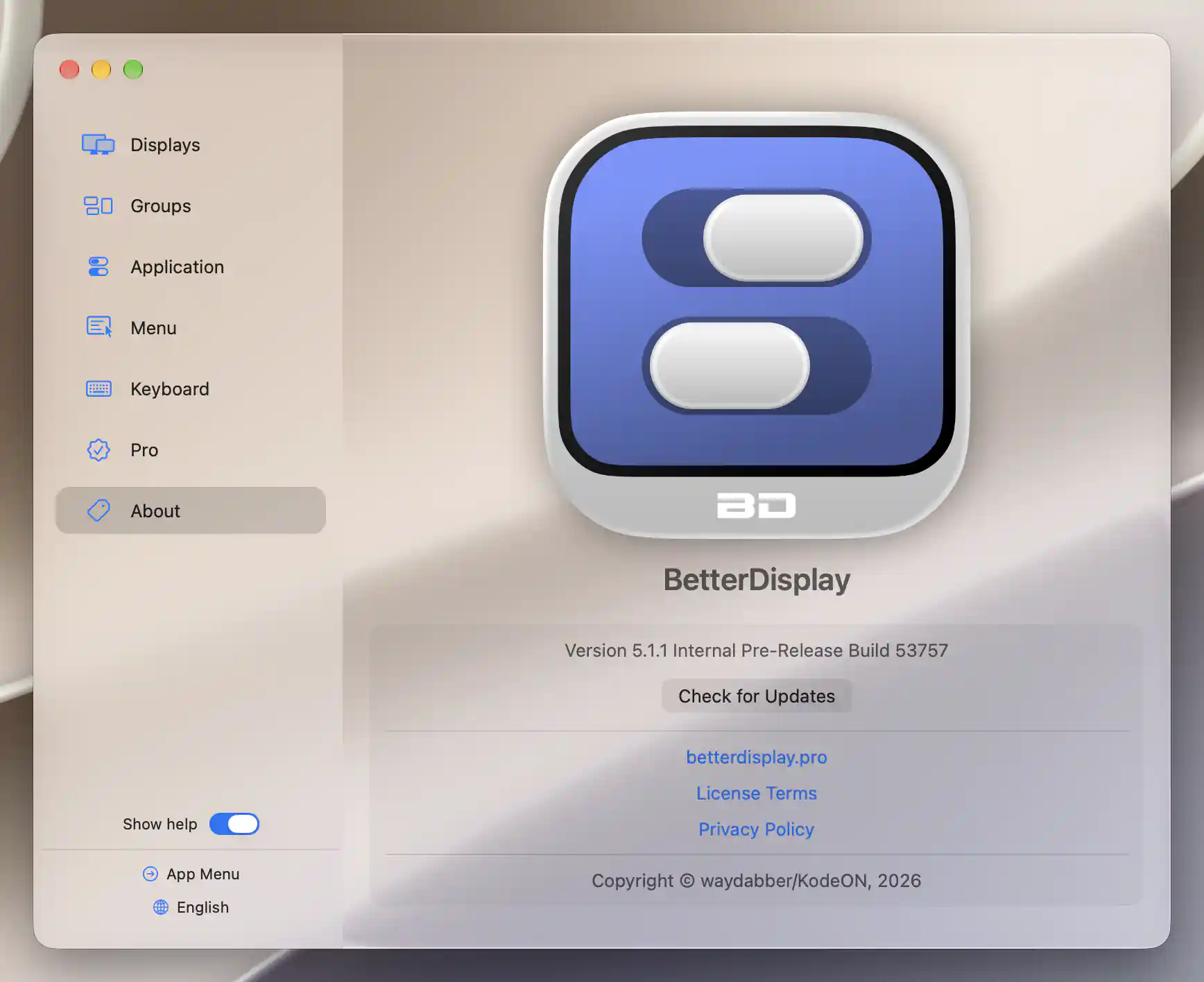 About shows the installed version, update check and information links