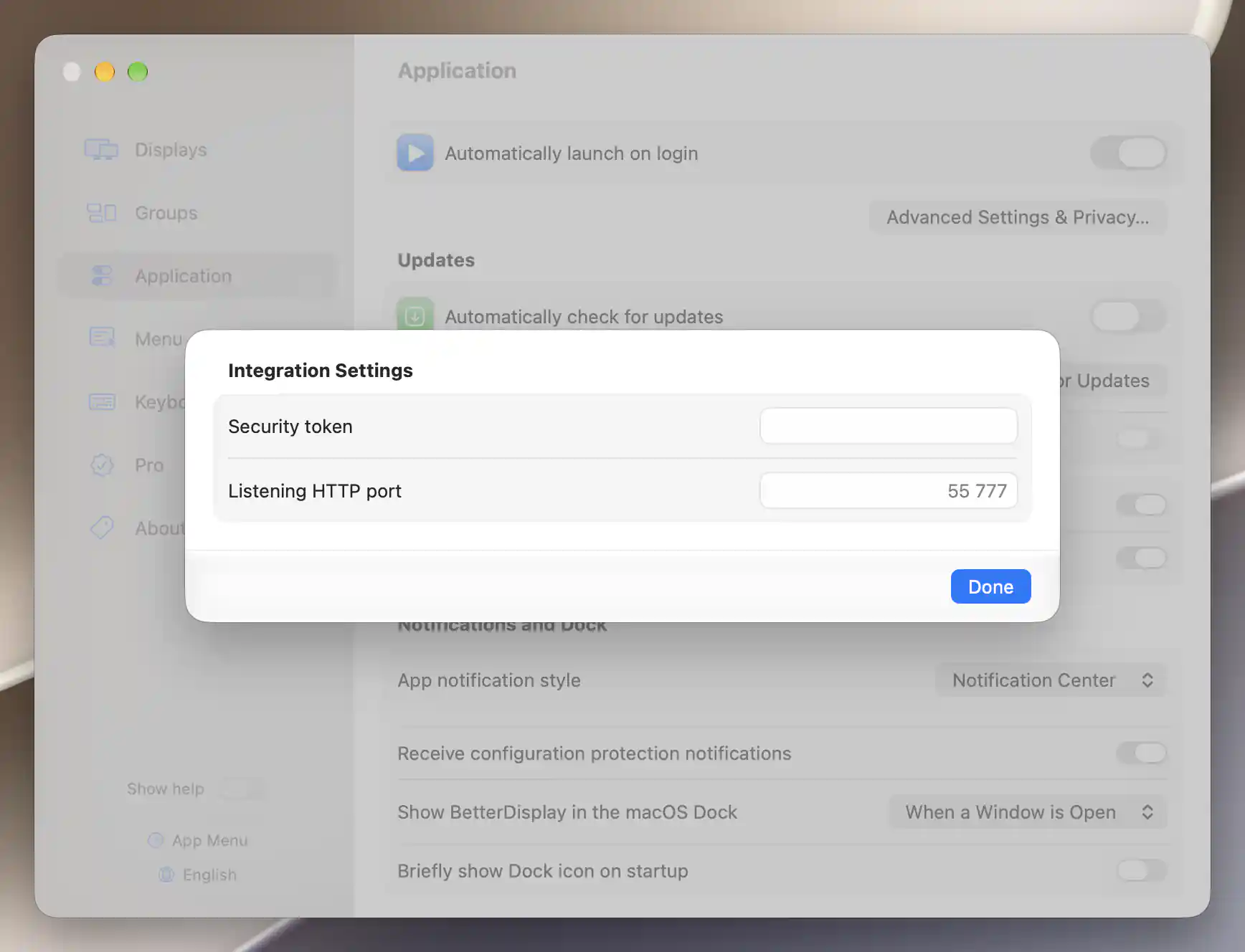 Integration Settings contains the security-token and HTTP listening-port fields