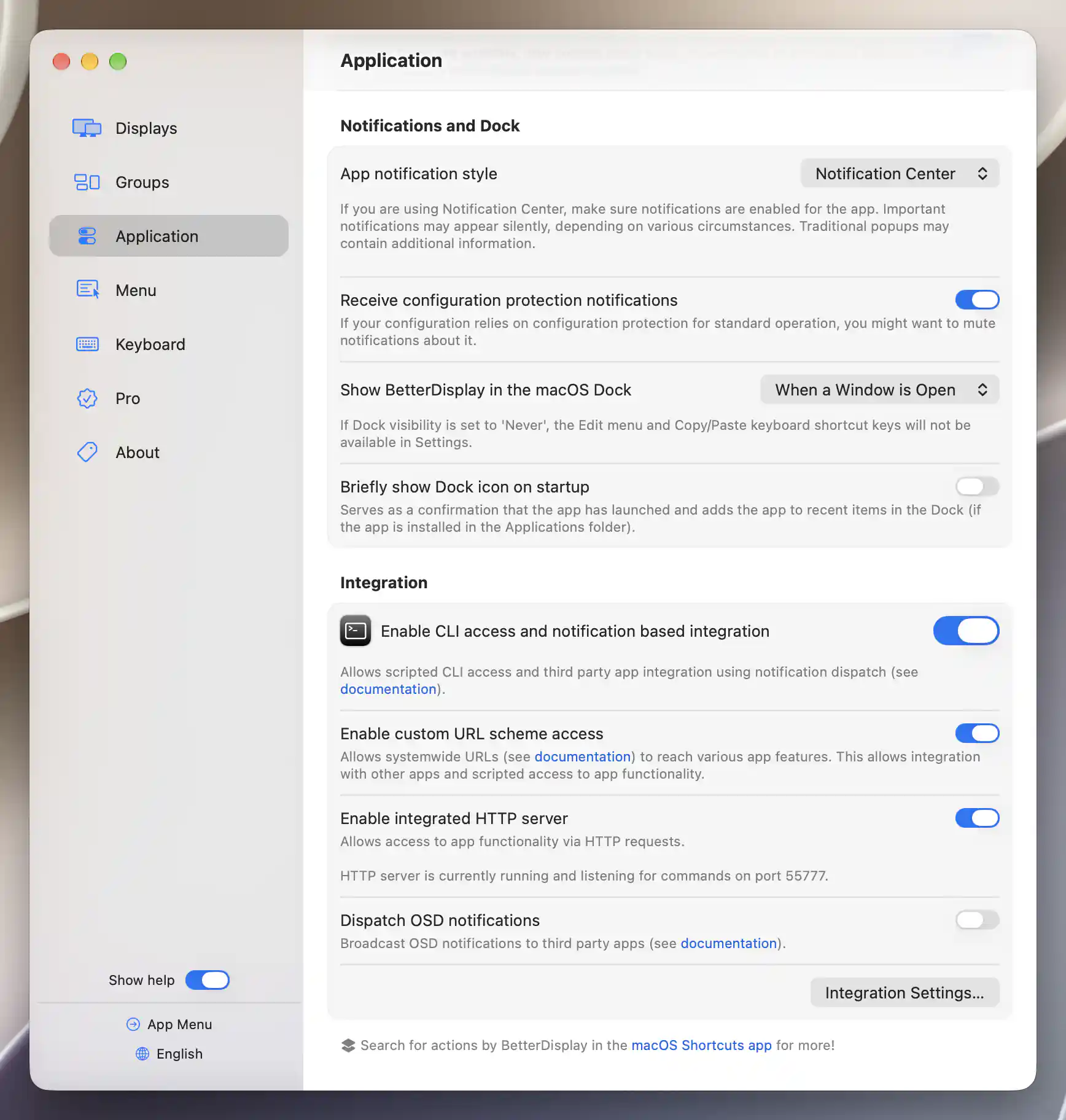 Notification style, configuration-protection notices and Dock visibility are app-wide preferences