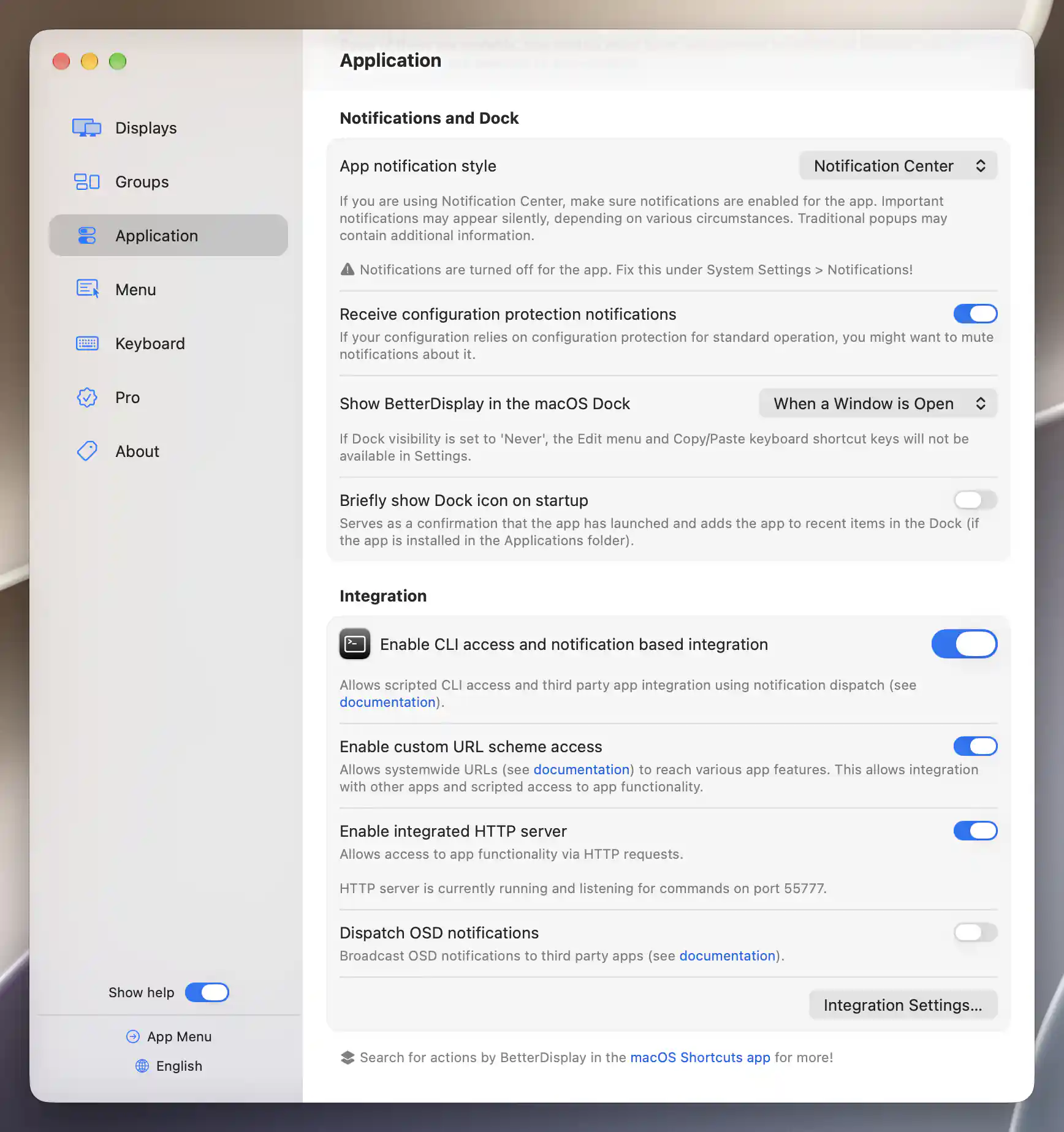 The warning appears when macOS notifications are disabled for BetterDisplay