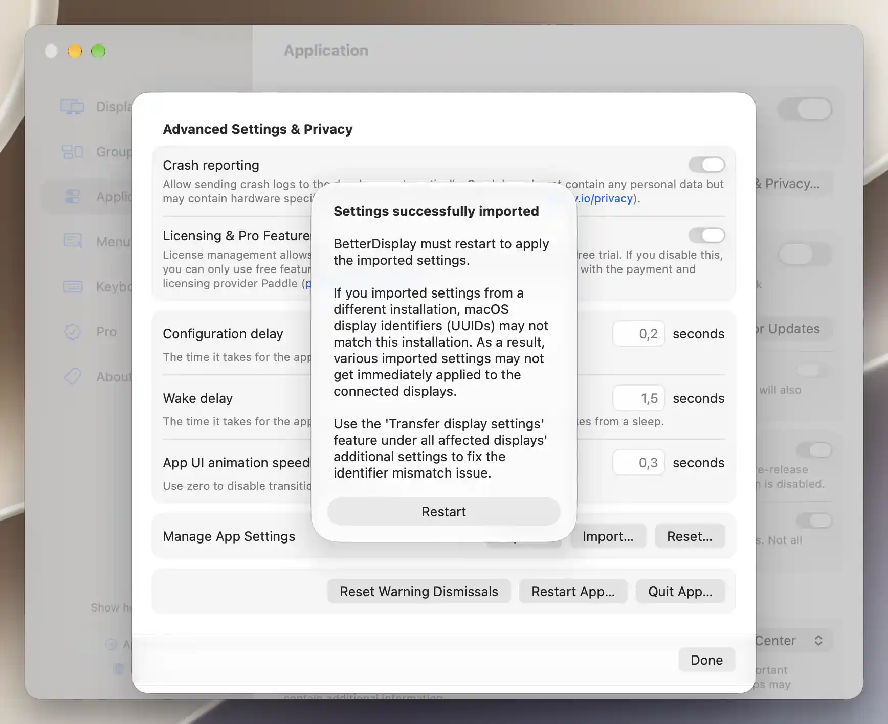 Successful settings import notice with restart requirement and display identifier guidance