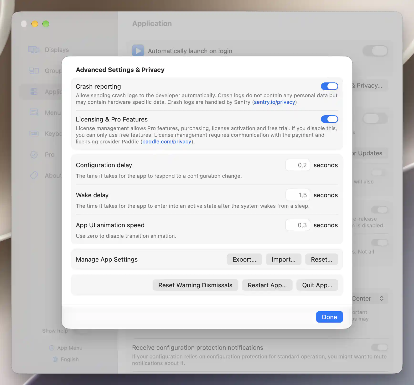 Advanced settings group privacy choices, timing and app-configuration management