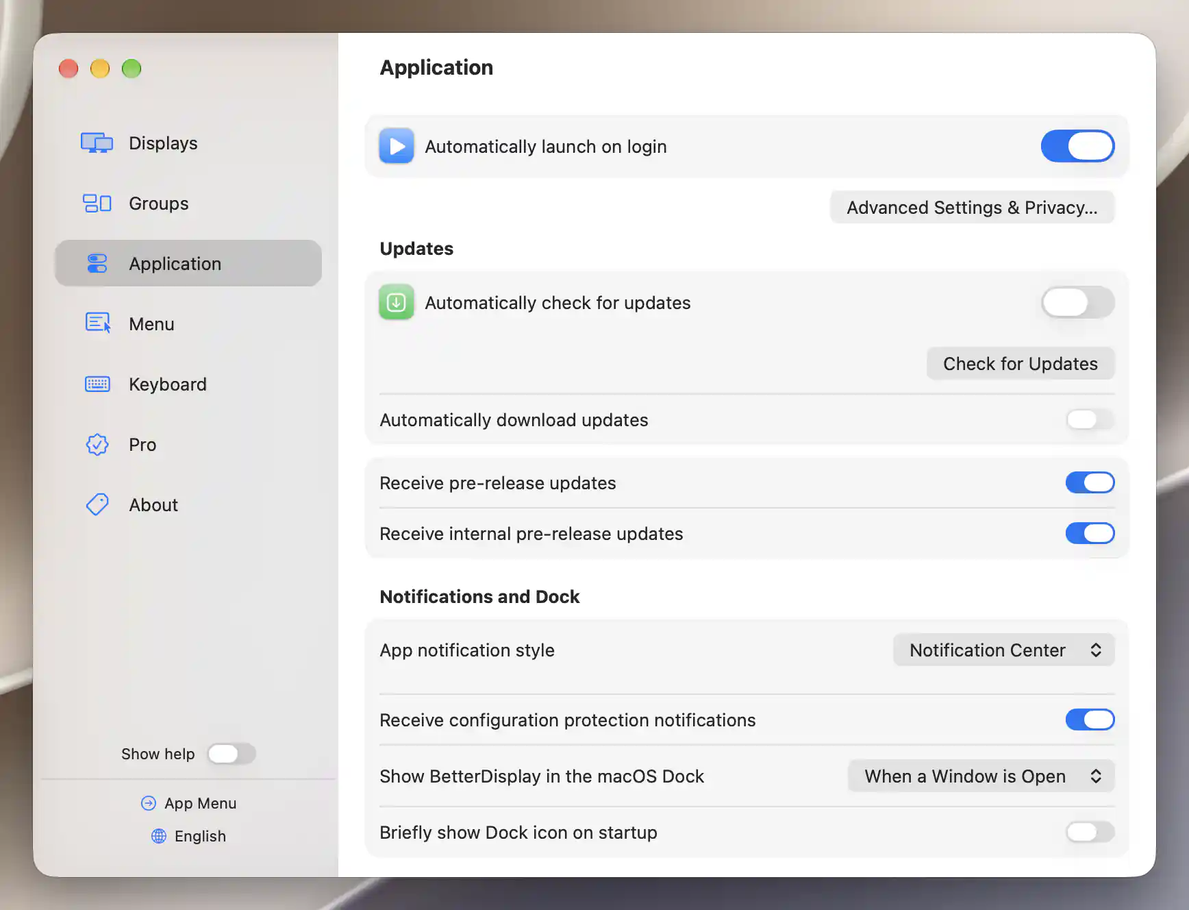 Update preferences include automatic checks, downloads and prerelease channels