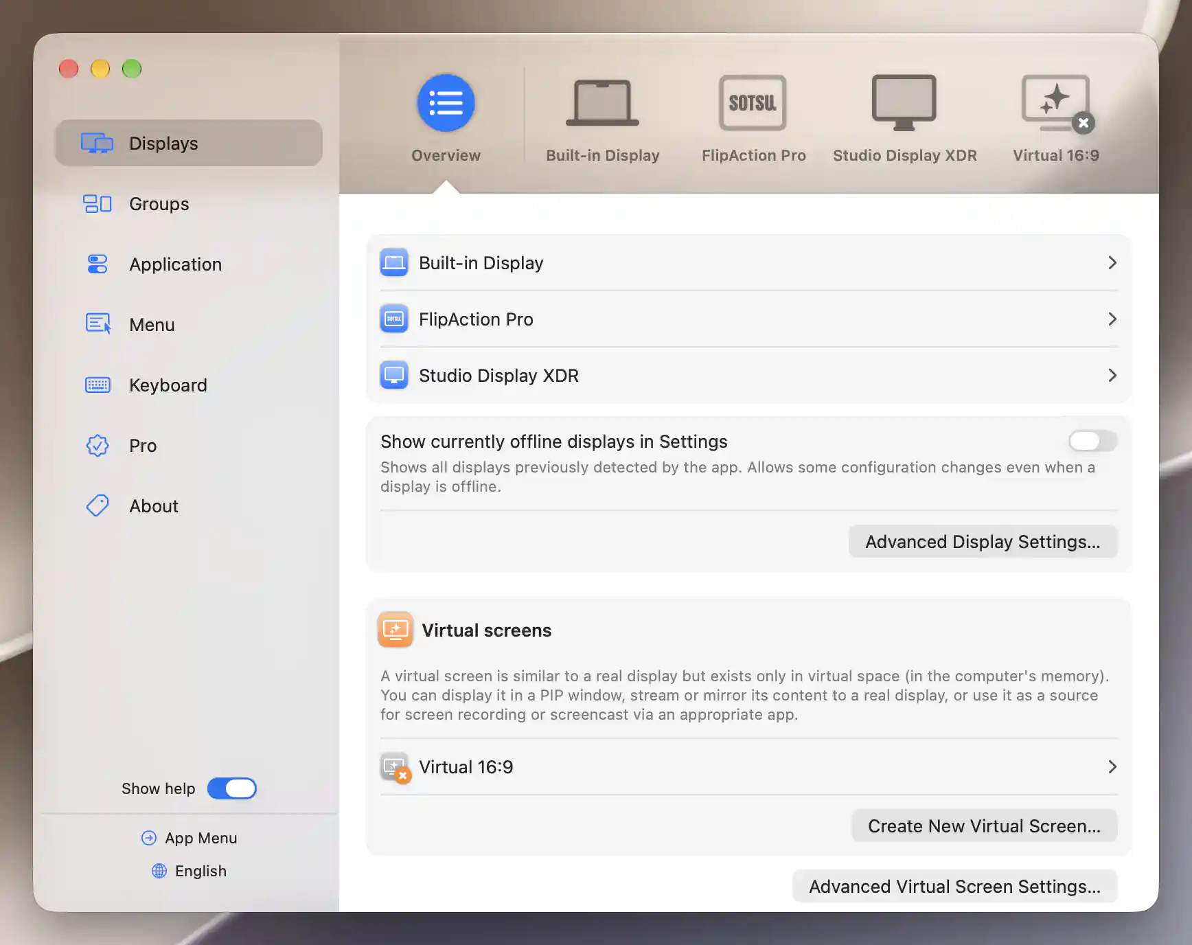 Settings sidebar with all seven panes, Show help, App Menu and English beside Displays Overview