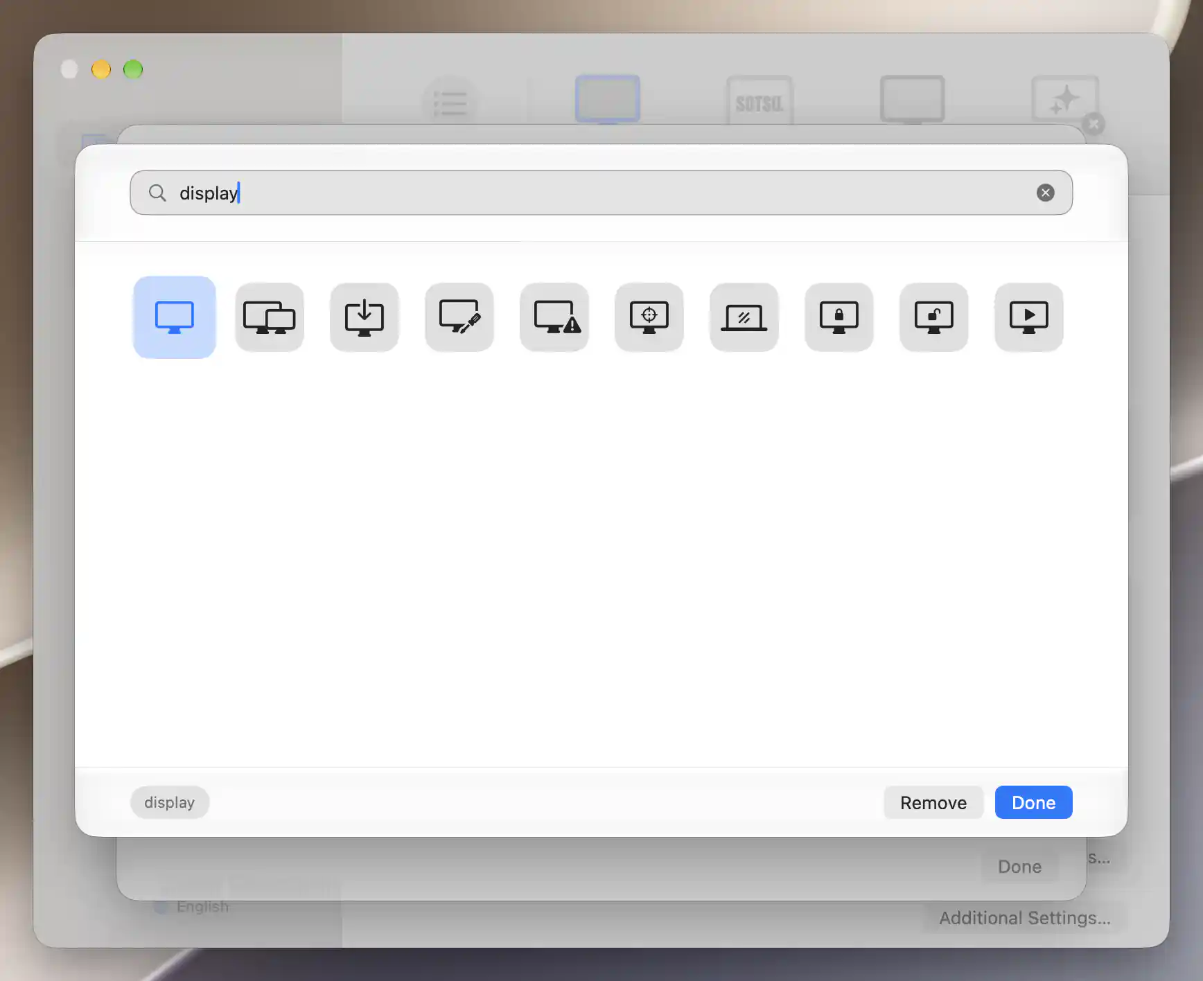 Symbol picker filtered by display with the display symbol selected and Remove and Done available