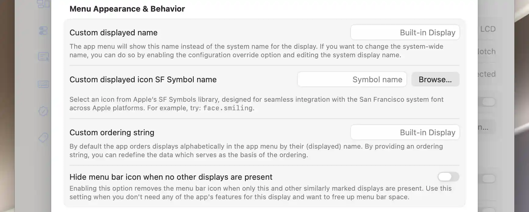 Menu Appearance and Behavior fields for the Built-in Display