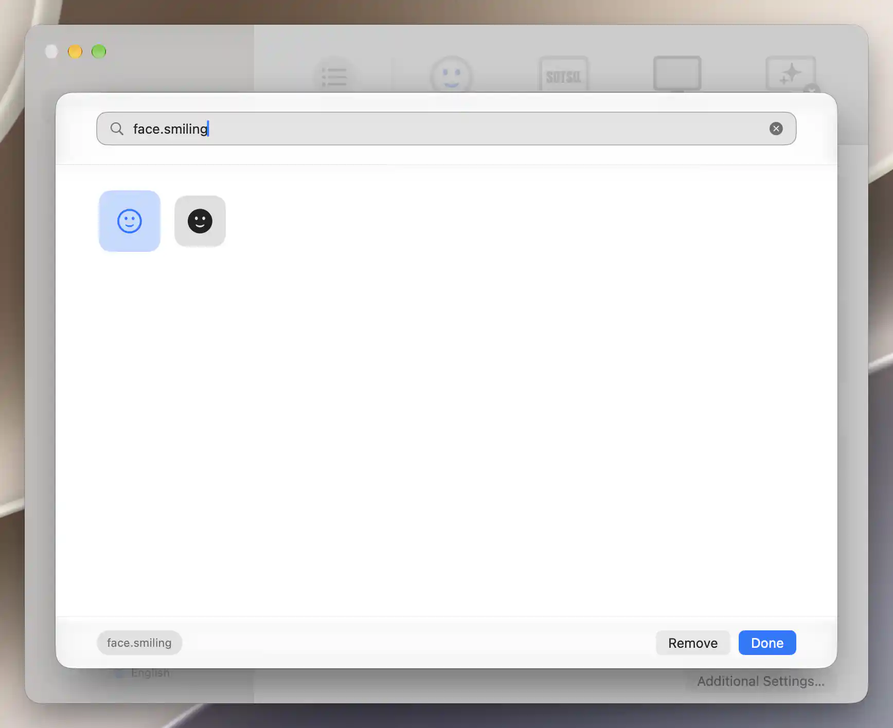 SF Symbol picker searching face.smiling with that symbol selected and Remove and Done available