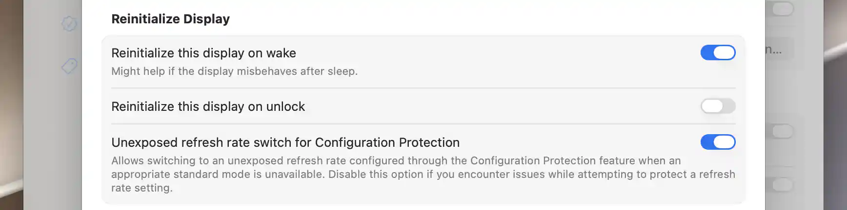 Wake reinitialization enabled, unlock reinitialization disabled and unexposed refresh-rate protection enabled