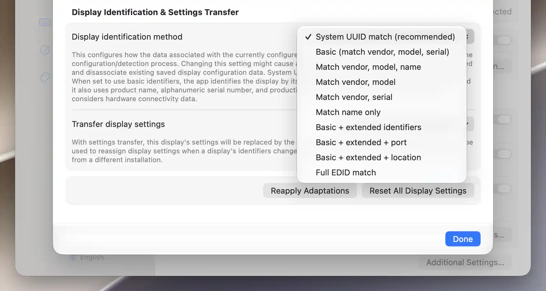 Identification-method picker with System UUID match selected and the complete alternatives