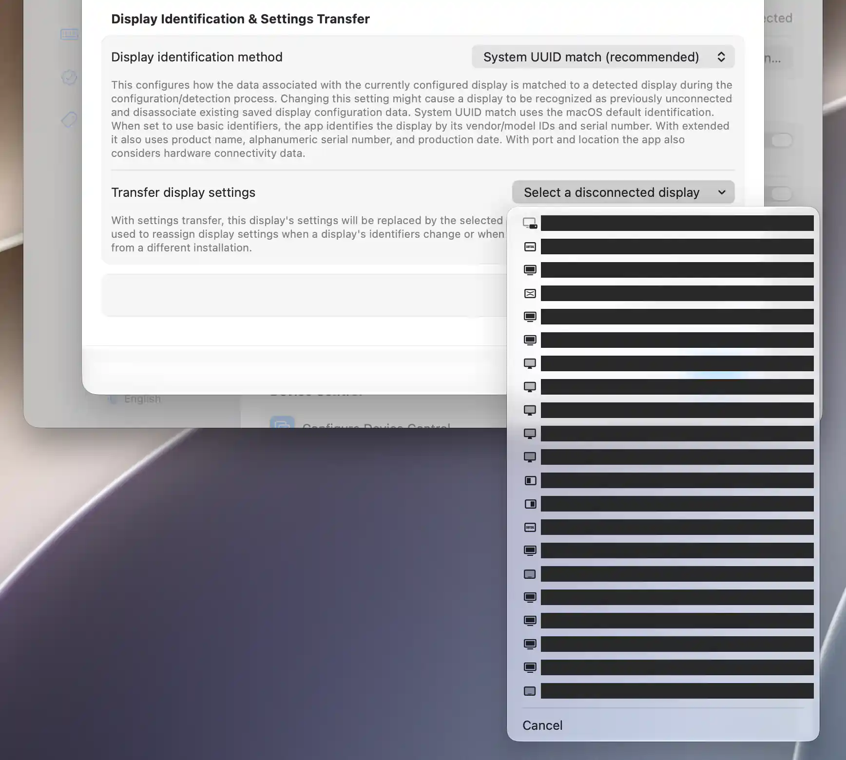 Disconnected-source transfer menu with display icons and Cancel; names and tag IDs redacted