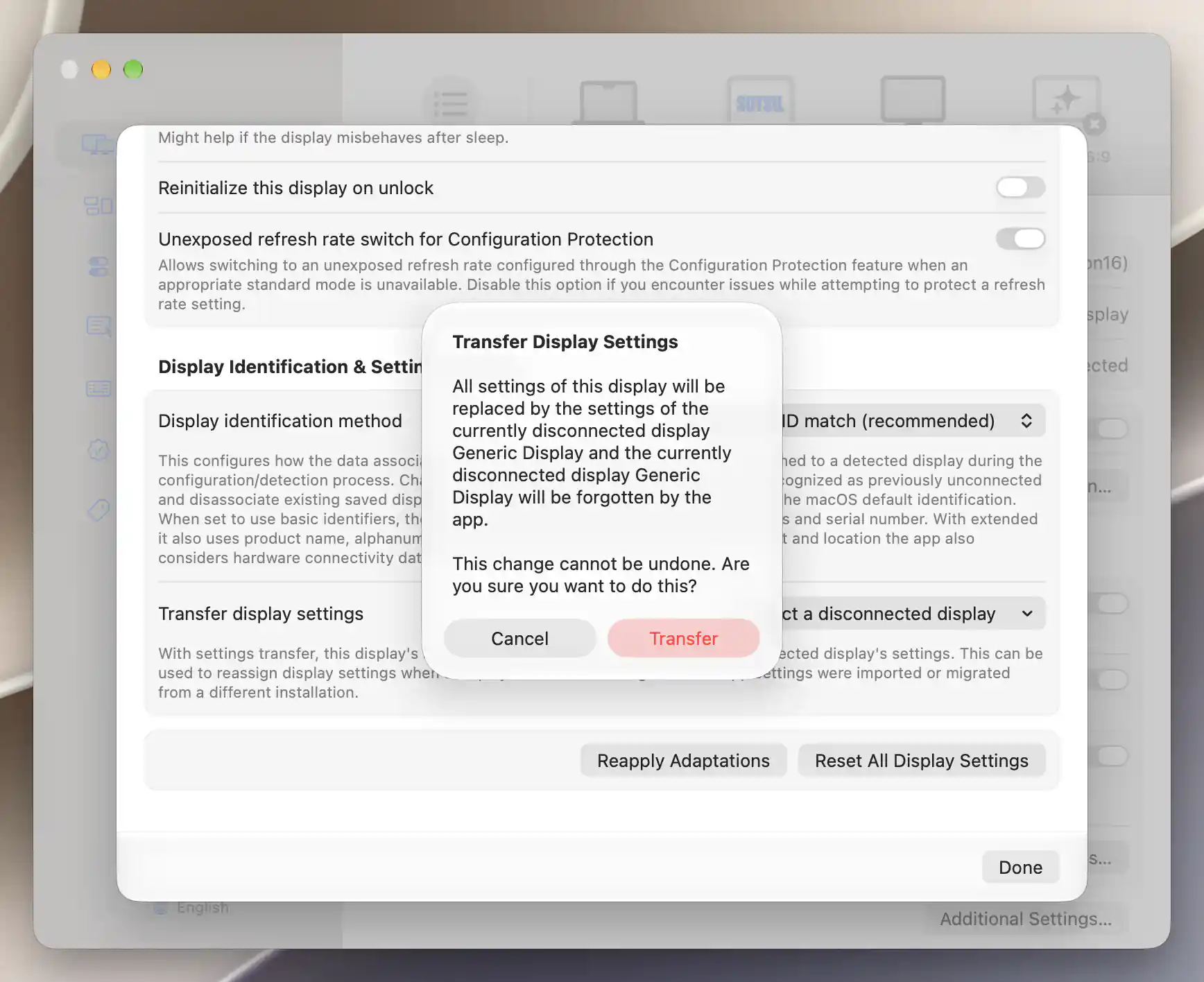Transfer Display Settings confirmation naming a Generic Display source with Cancel and Transfer