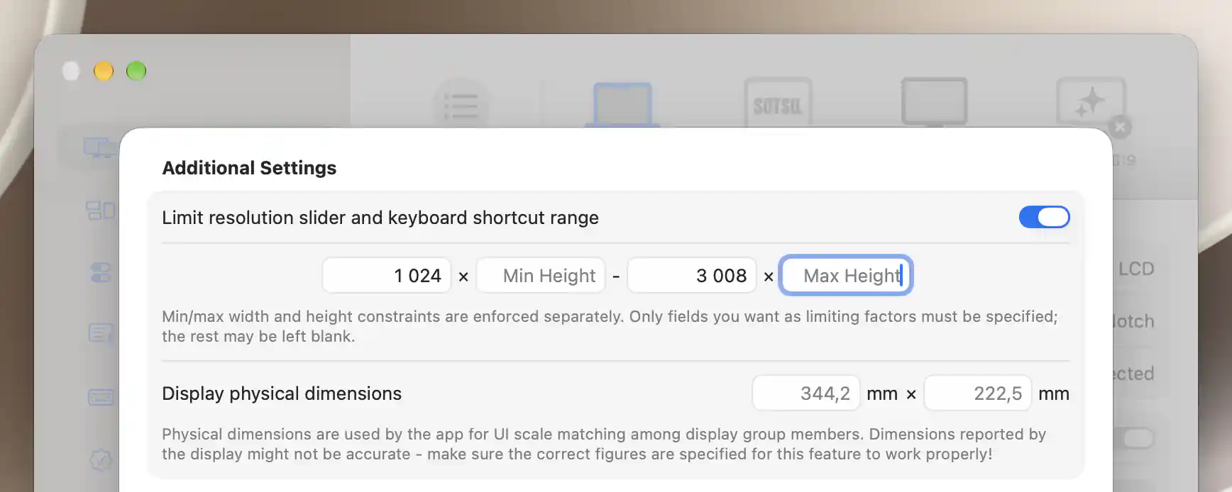Additional Settings with minimum width 1024 and maximum width 3008