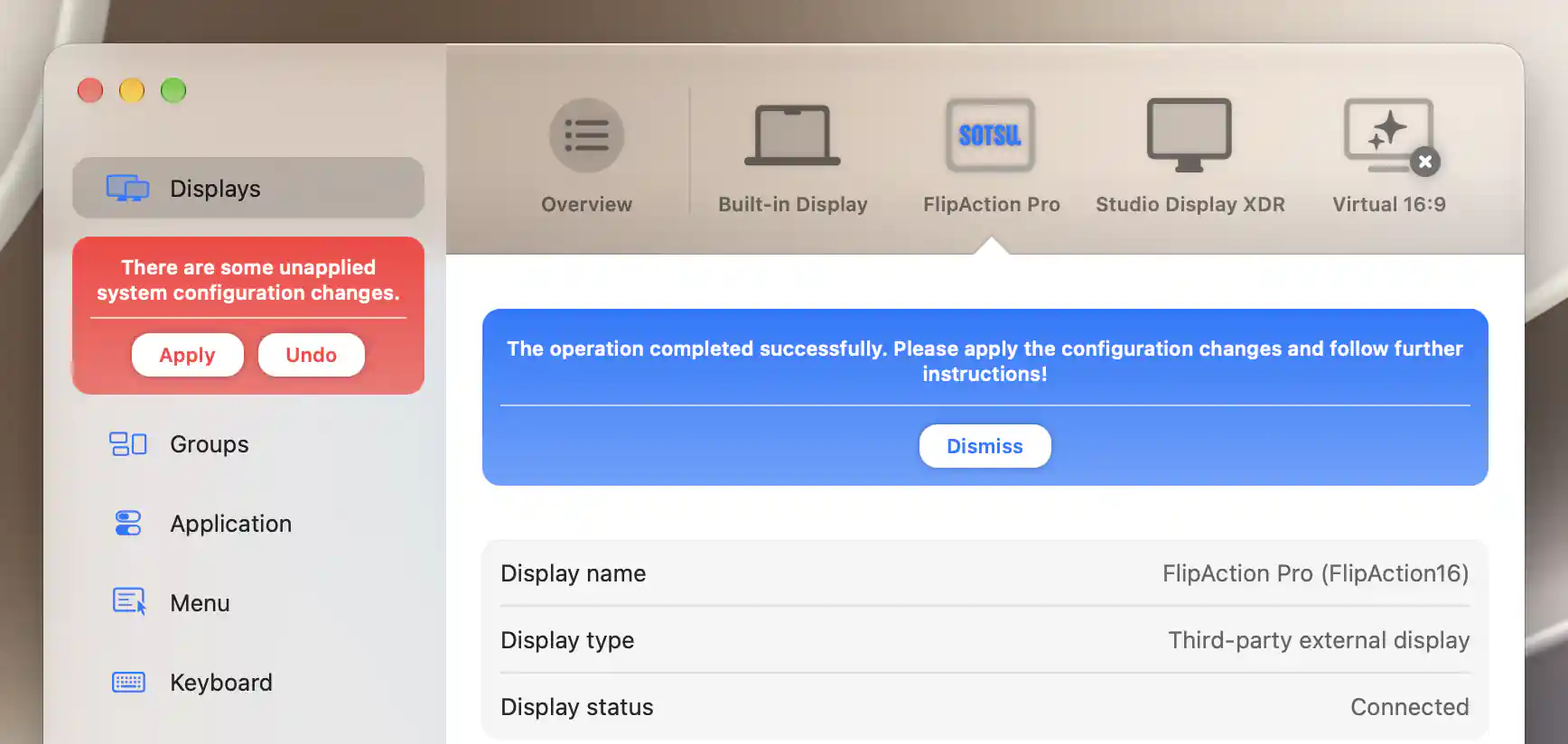 Successful adaptation result with system configuration changes still unapplied