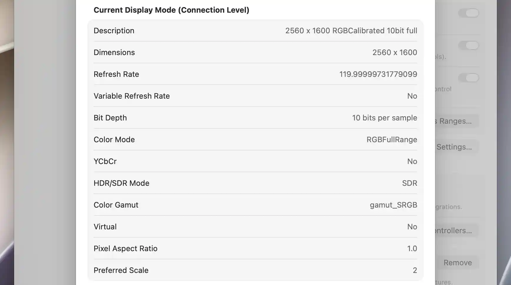 Current connection-level mode showing dimensions, refresh rate, color format and scaling preference
