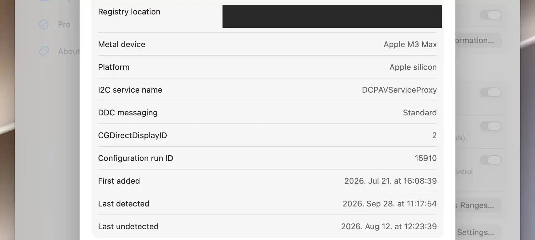 Remaining display identifier rows with registry location concealed