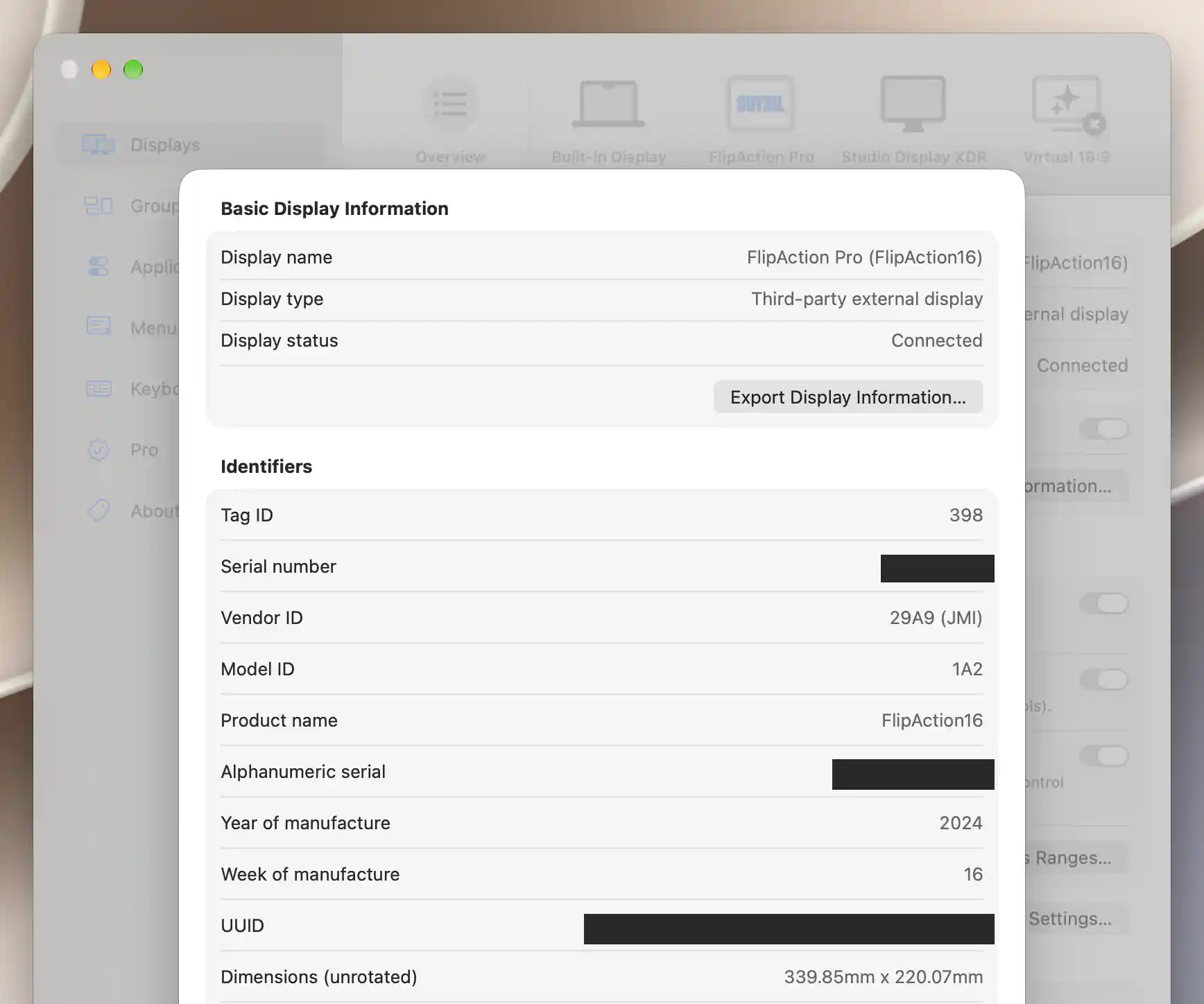Display Information report showing basic details and identifiers, with serial numbers and UUID concealed