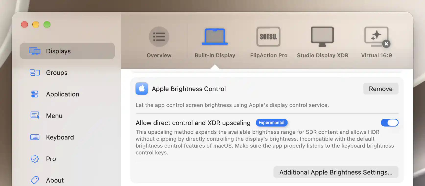 Built-in Display Apple Brightness Control with experimental direct-control permission enabled