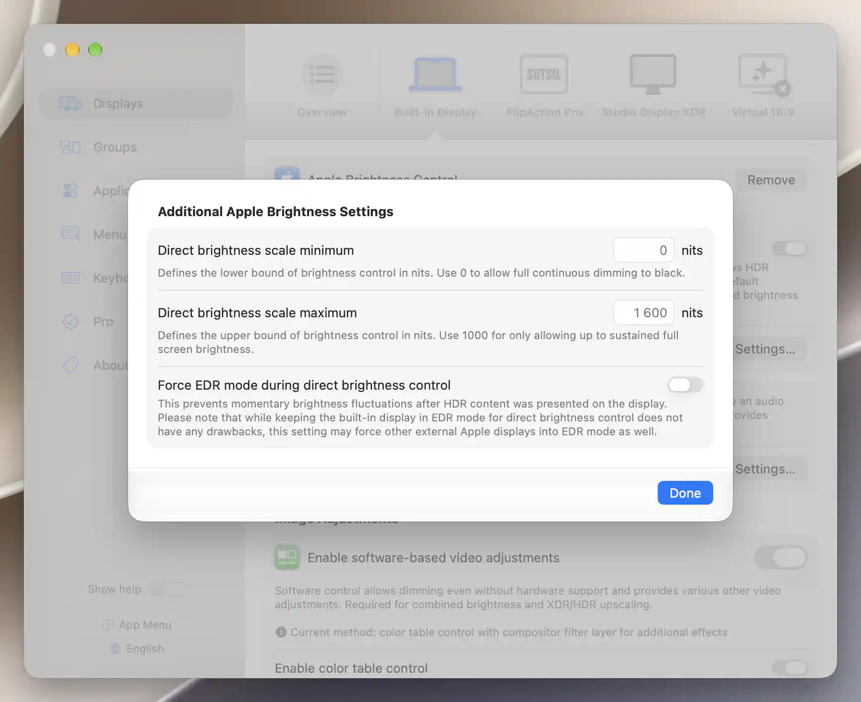 Additional Apple Brightness Settings with direct minimum, maximum and Force EDR preference