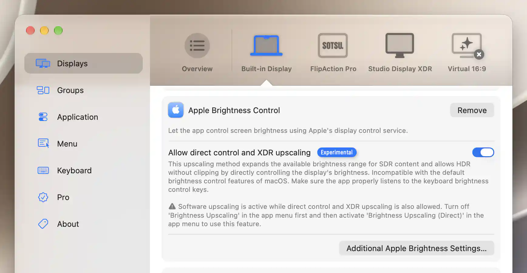 Apple Brightness Control warning that software upscaling is active while direct control is allowed
