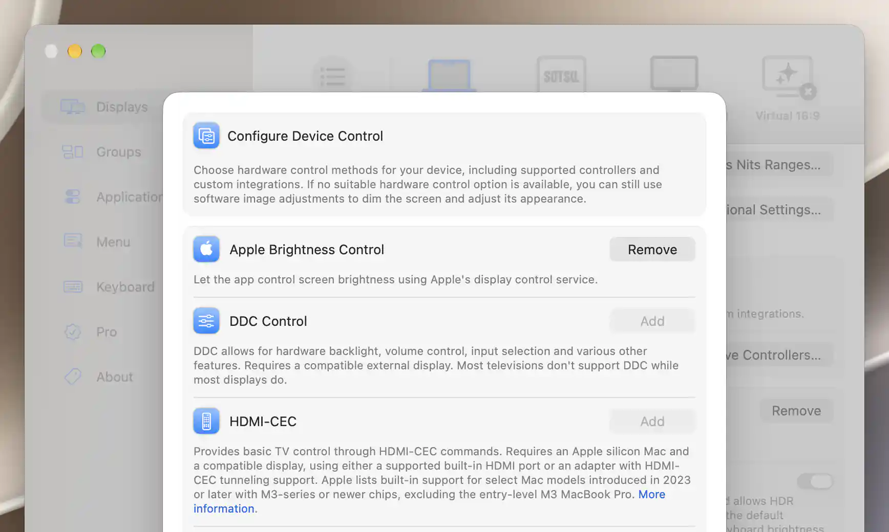 Configure Device Control showing Apple Brightness Control and disabled DDC and HDMI-CEC additions for Built-in Display