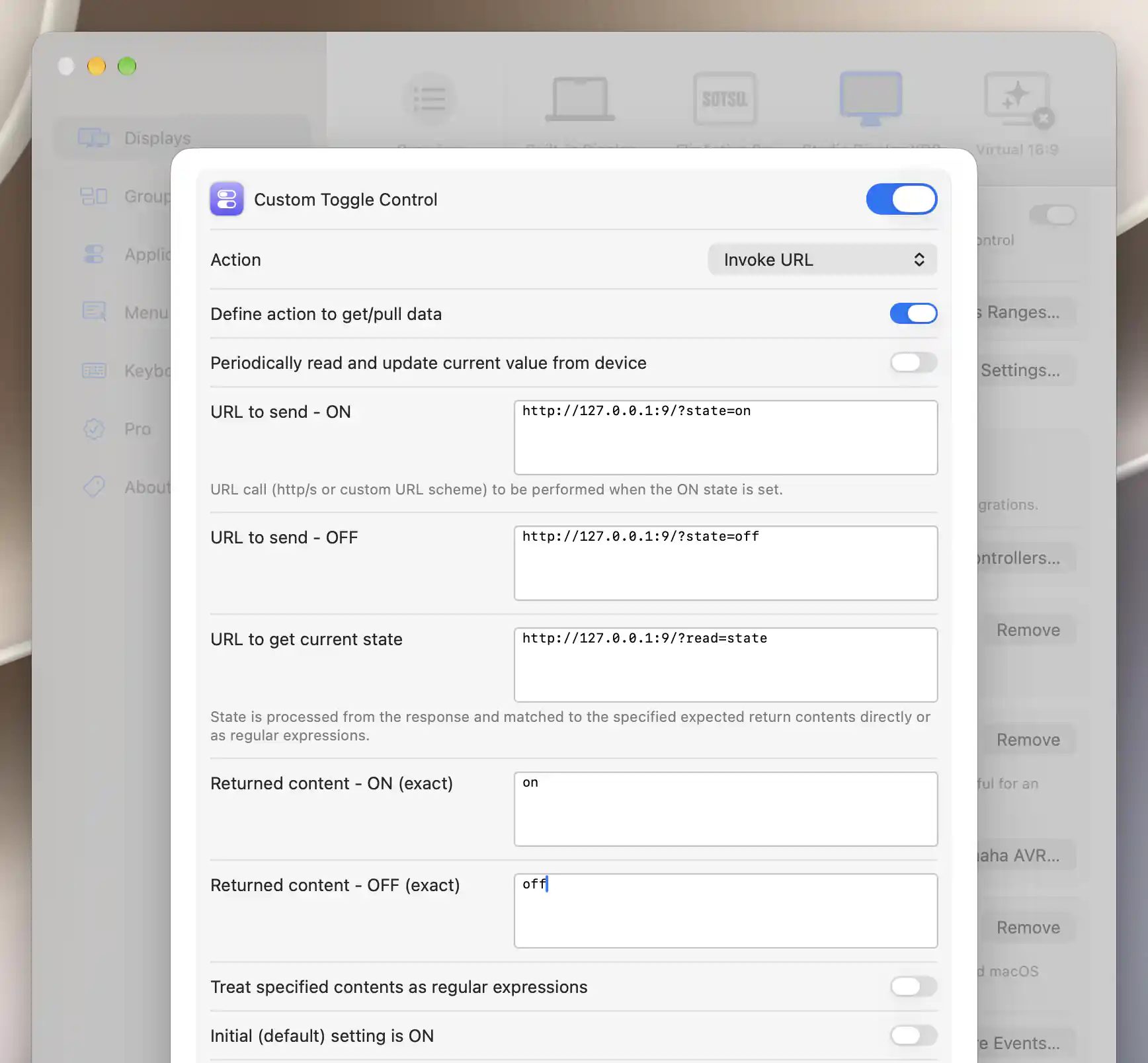 Boolean URL integration with separate ON and OFF actions and exact readback expectations