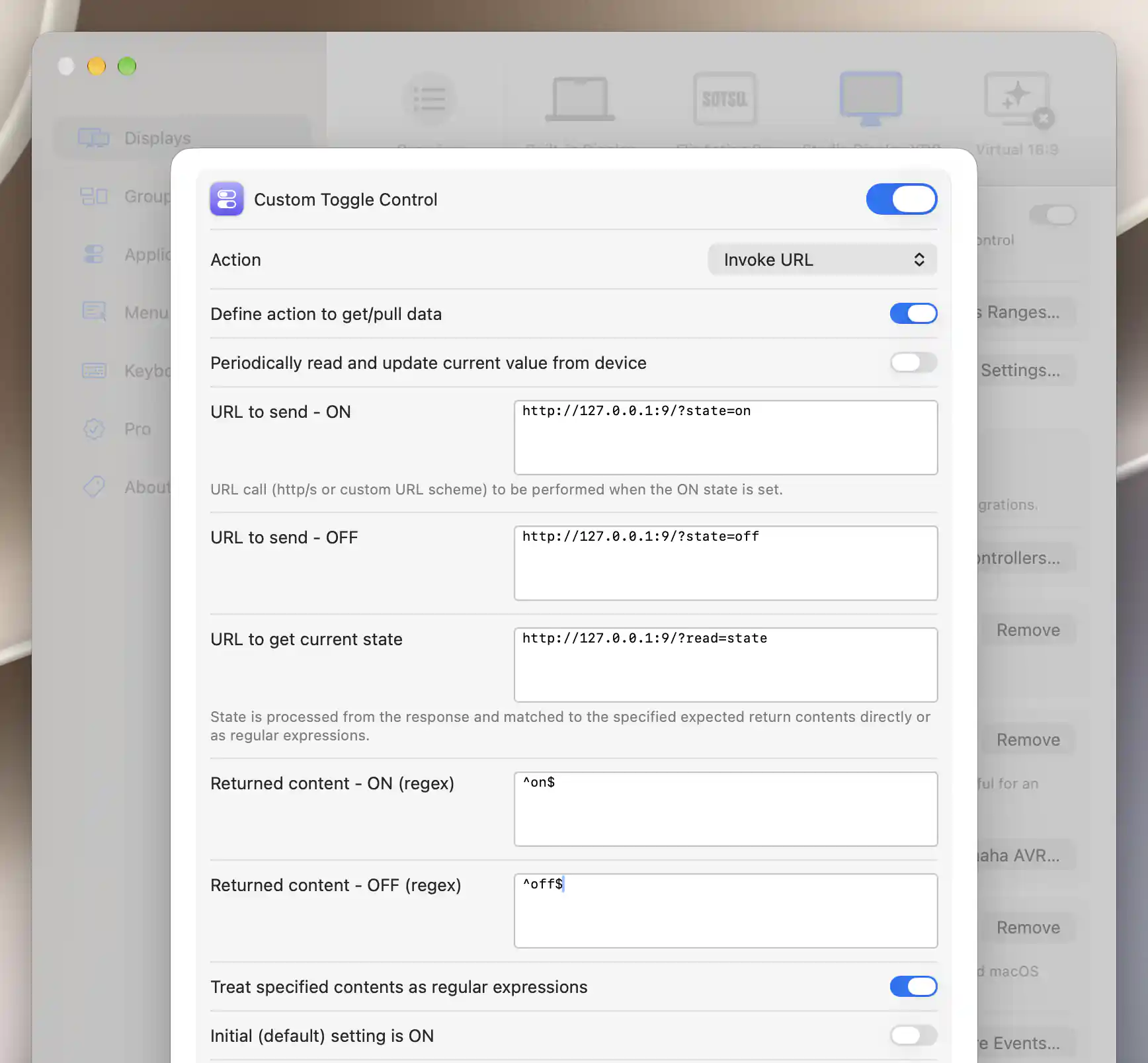 Boolean URL integration with regex readback matching enabled and anchored on and off expressions
