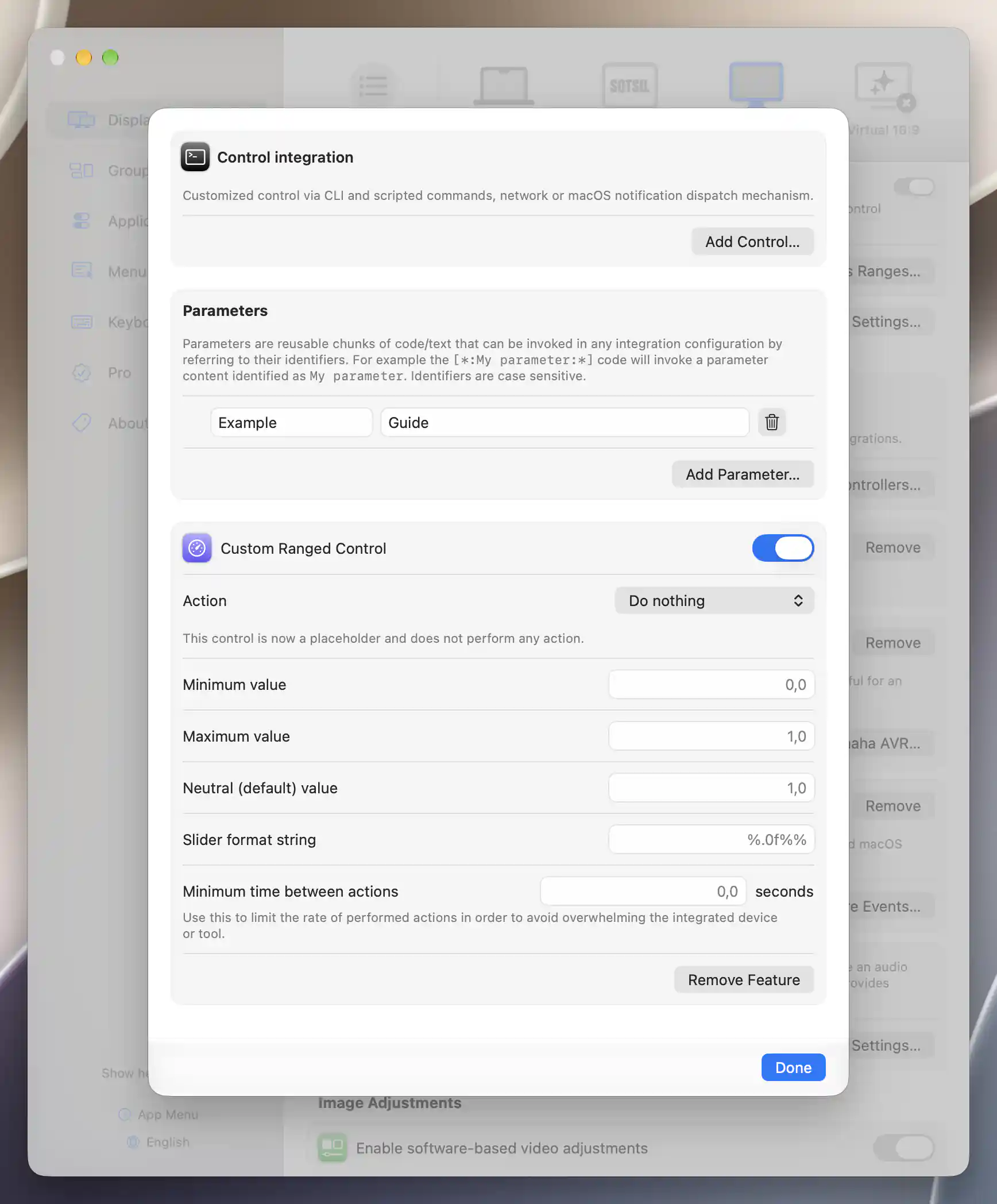 Custom Ranged Control configured with Do nothing and its range, slider format and action interval fields