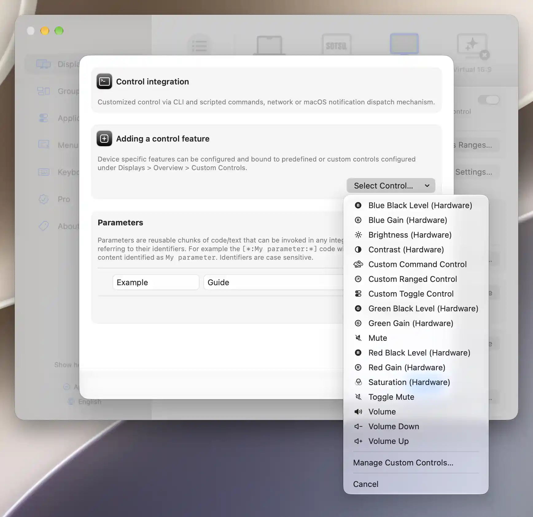 Control Integration with the Select Control menu listing predefined and custom controls