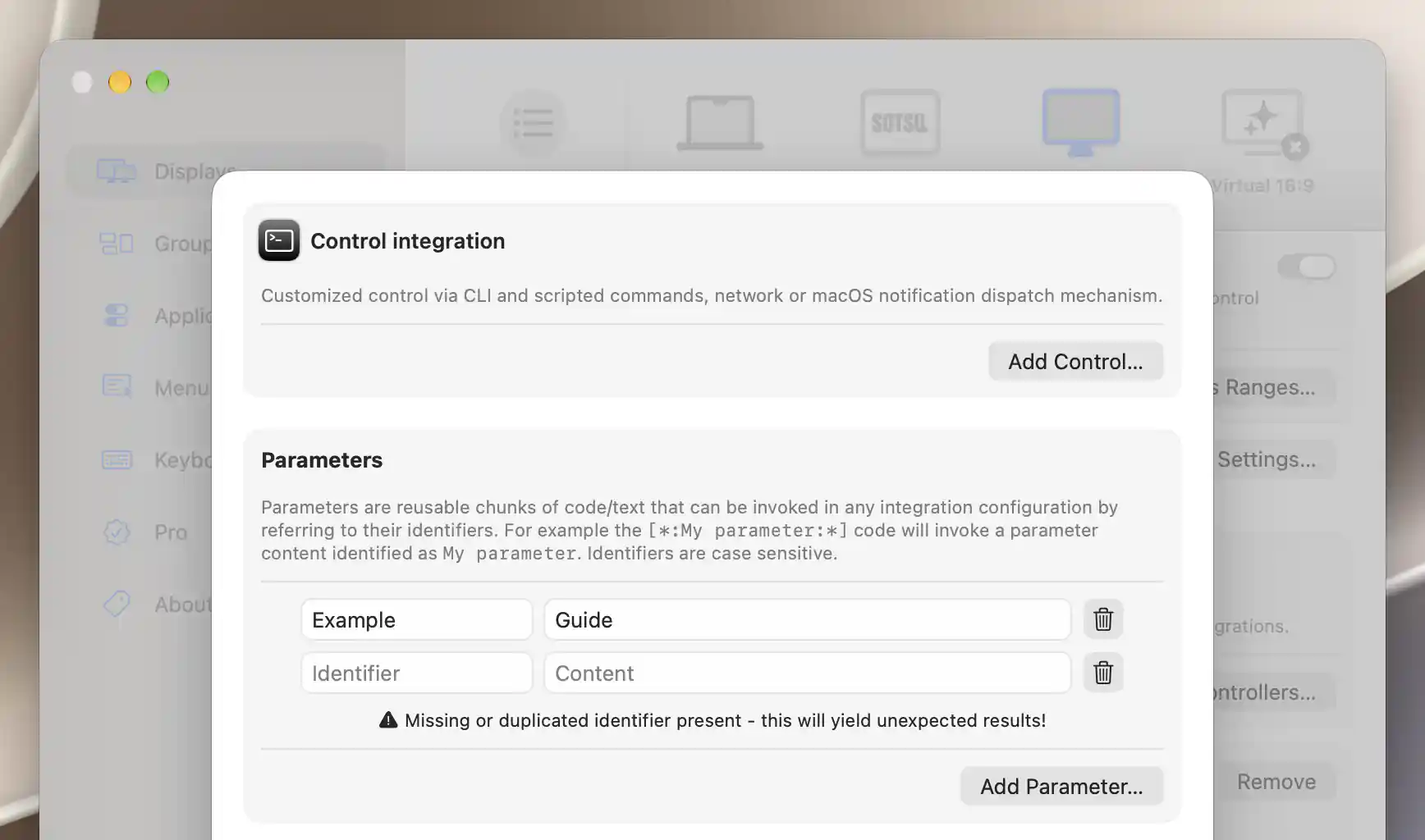 Control Integration Parameters showing Example and an empty identifier with its warning