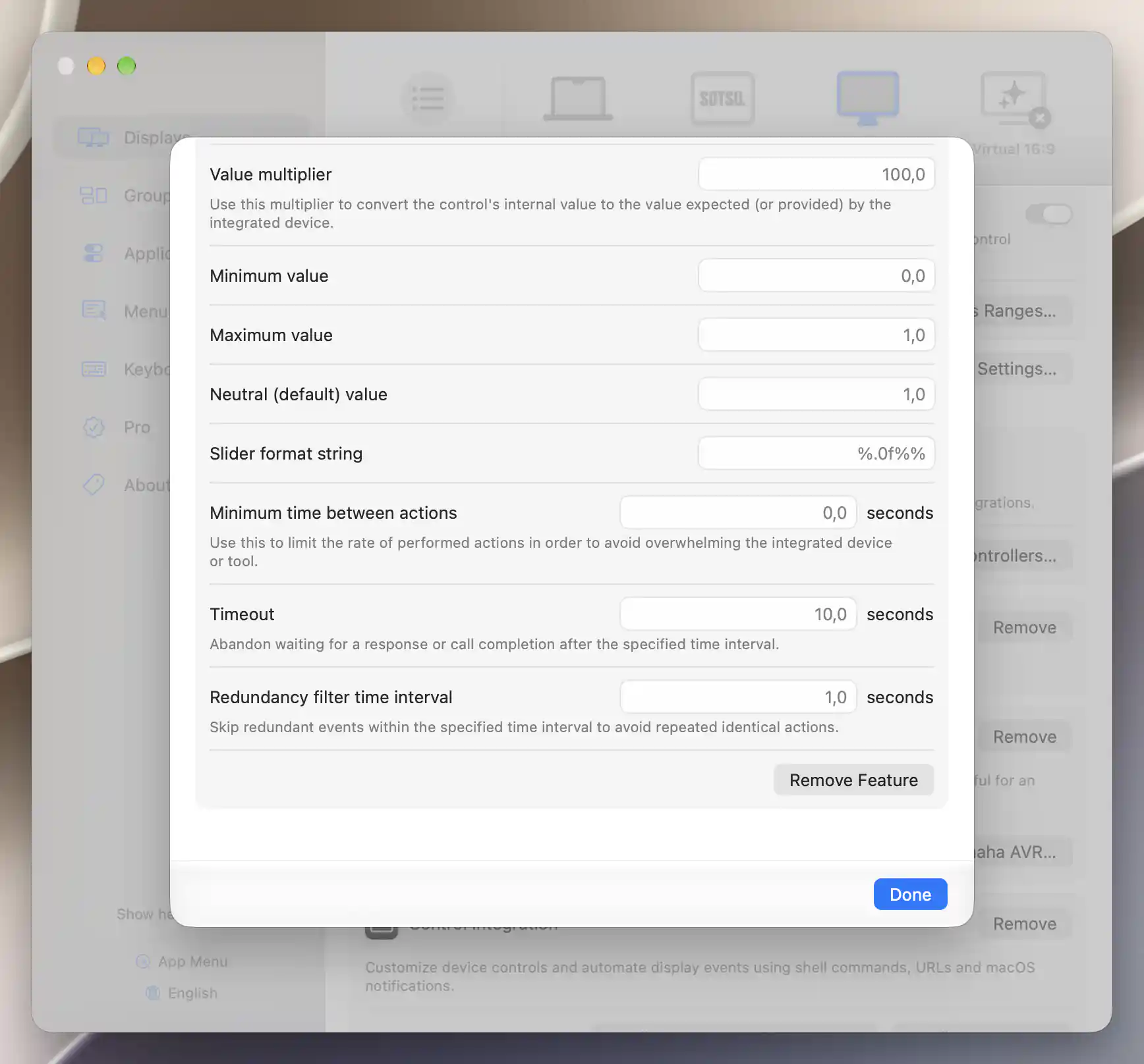 Ranged integration internal limits, slider format, rate limit, timeout and redundancy interval